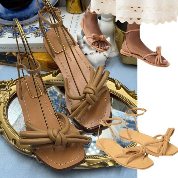 🆕 LOEFFLER RANDALL 🧿 NWOB Henriette Leather Bow Flat Sandal, Dune - Sz 7 - Picture 1 of 13